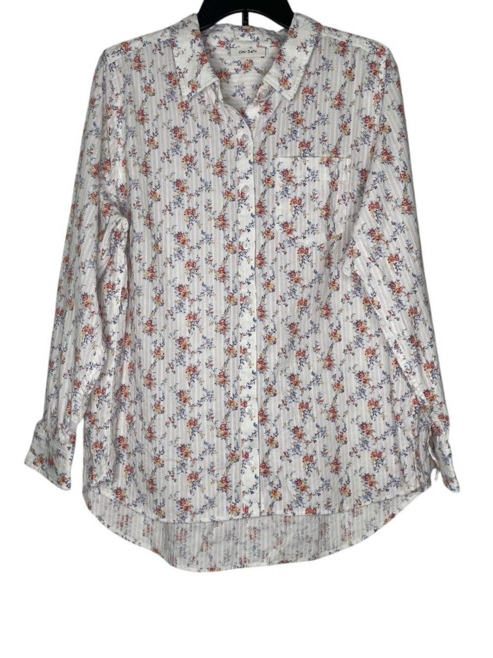 On 34th Womens Shirt Plus Size 2X Floral Print Shadow Stripe Long Sleeve Woven